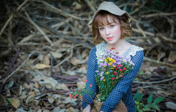 Look, girl, bouquet, hat, dress, Asian, cutie