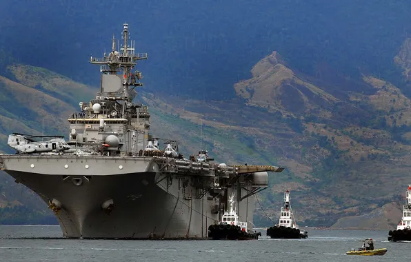 Sea, landscape, ship, helicopters, Navy, beautiful, mountain, background.