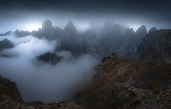 Mountains, night, fog, hills, Asia, tops, China