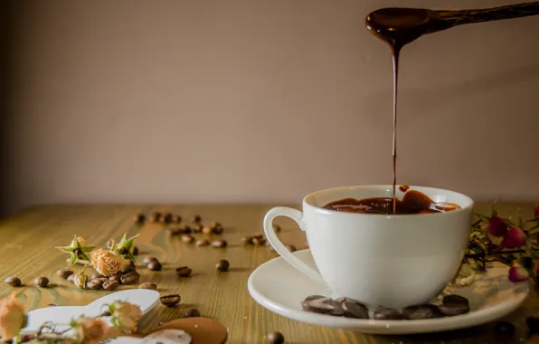 Cup, drink, coffee beans, decor, hot chocolate