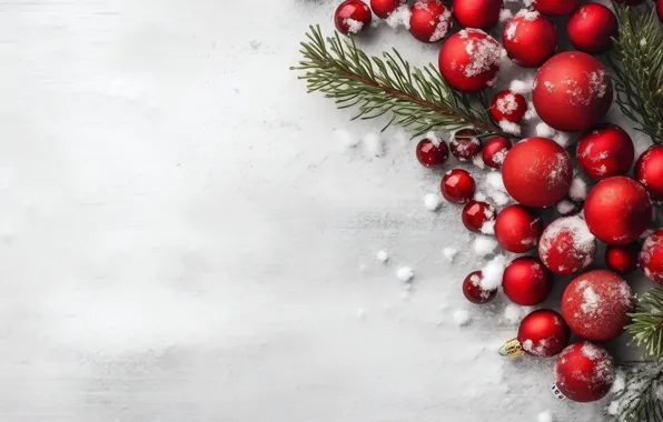 Balls, snow, branches, Christmas, red, white background, New year, needles