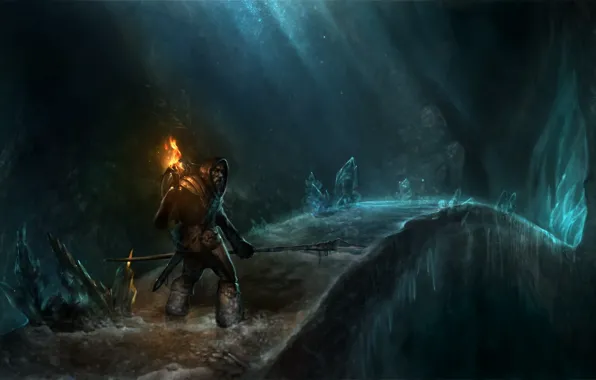 Ice, bridge, people, hood, torch, spear, cave, beard