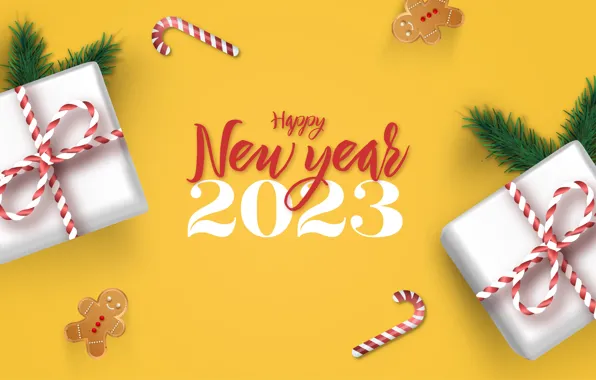 Picture branches, box, gift, the inscription, new year, men, cookies, figures