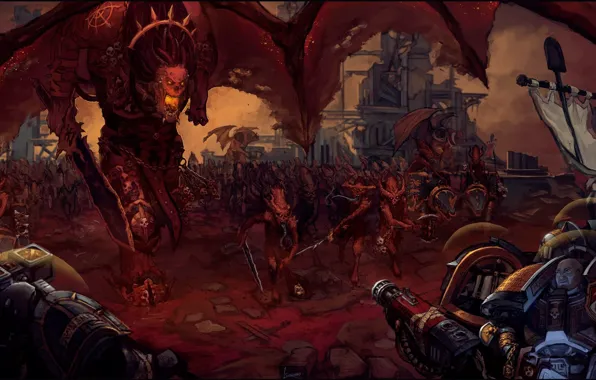 Picture chaos, space marines, demons, Warhammer 40 000, Khorne