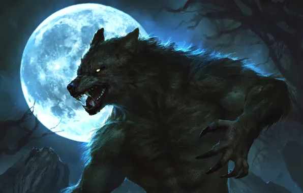 Picture night, the moon, claws, moon, werewolf, lycanthrope, night, wolf
