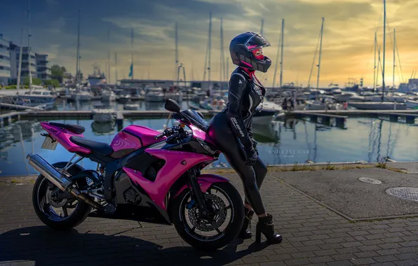 Girl, pose, port, motorcycle, helmet, promenade, Andrzej Czar