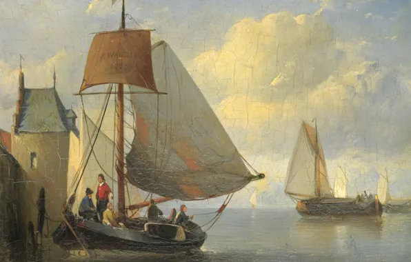 Trees, landscape, boat, oil, picture, sail, Anthonie Waldorp, The view of the River and the …