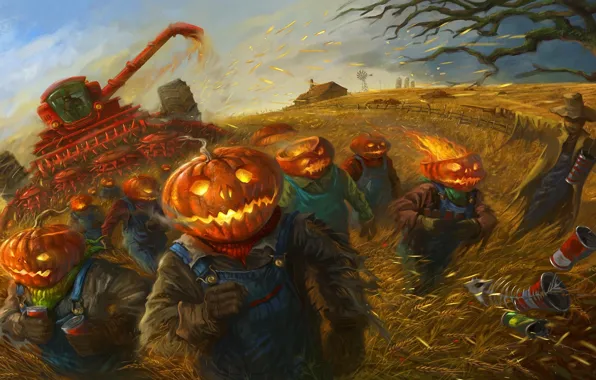 Wheat, field, harvest, art, working, pumpkin, Halloween, Halloween