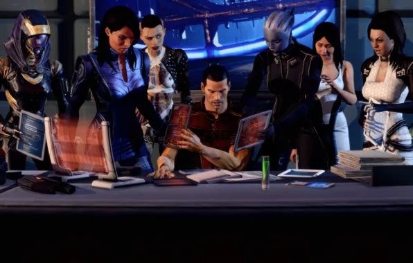 Table, work, collage, art, Ashley, Mass Effect 3, Liara, Jack