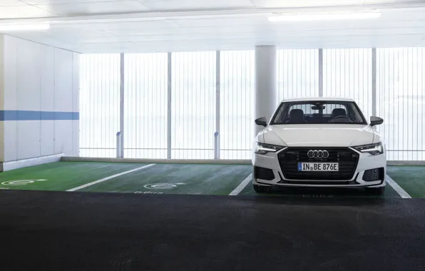 White, Audi, sedan, front view, hybrid, Audi A6, four-door, 2020