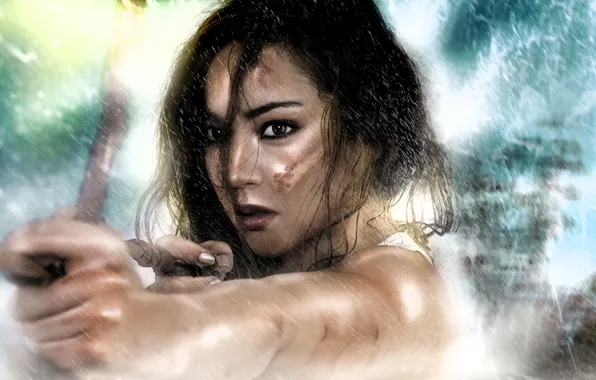 Look, girl, face, weapons, rain, bow, art, arrow