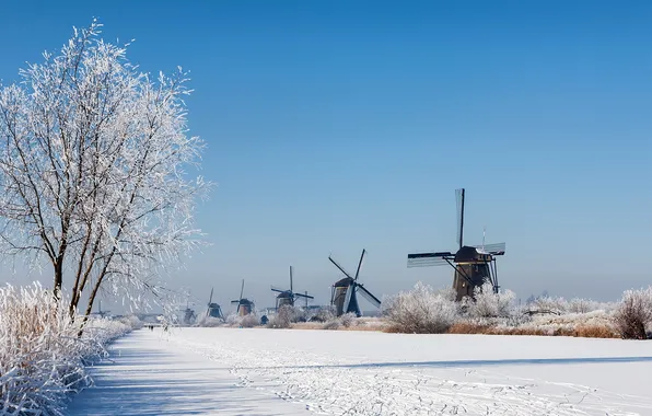 Winter, river, mill