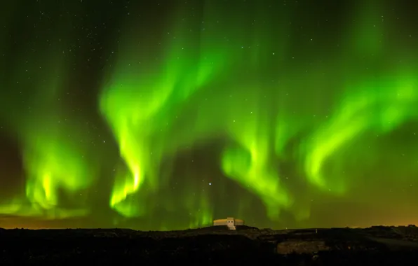 Picture the sky, night, Northern lights, Iceland, Blue Lagoon