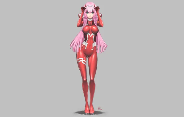 Girl, grey, background, red suit, 002, Darling In The Frankxx, Cute in France