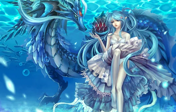 Picture girl, fish, bubbles, dragon, elf, dress, under water