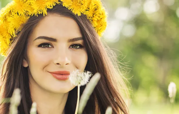 Girl, smile, mood, dandelion, model, makeup, wreath, brown eyes