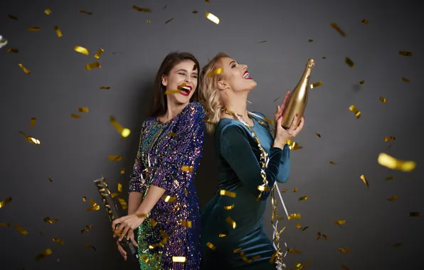 Joy, girls, holiday, wine, bottle, laughter, positive, hands