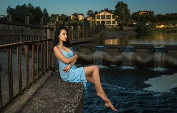Look, water, girl, pose, house, brunette, beauty, Dmitry Medved