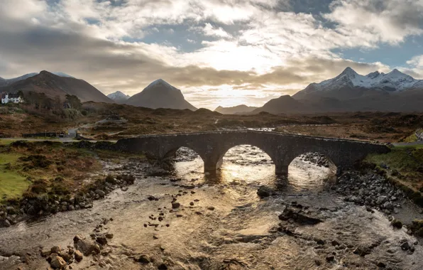 Road, light, mountains, bridge, castle, shore, arch, mansion