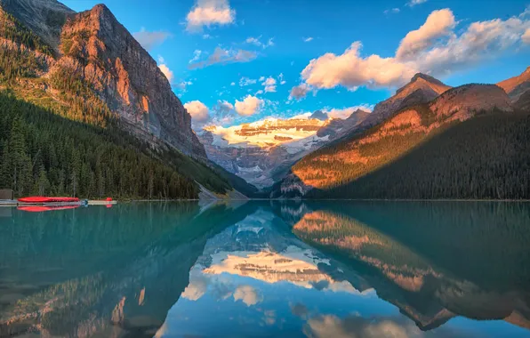 Forest, clouds, light, mountains, lake, reflection, blue, rocks