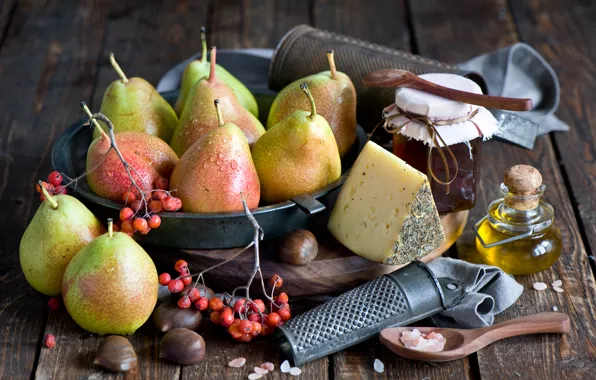 Oil, cheese, honey, fruit, still life, pear, jar, Anna Verdina