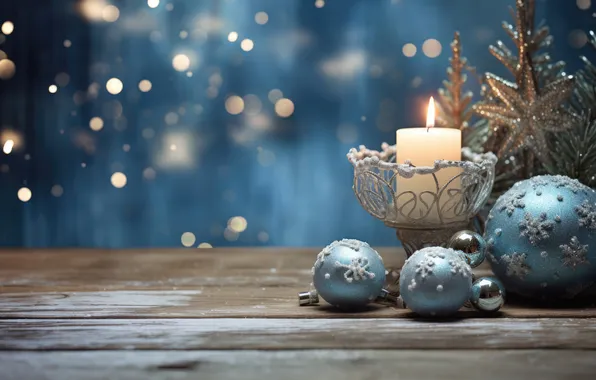 Balls, lights, Board, candle, blue, Christmas, New year, blue background