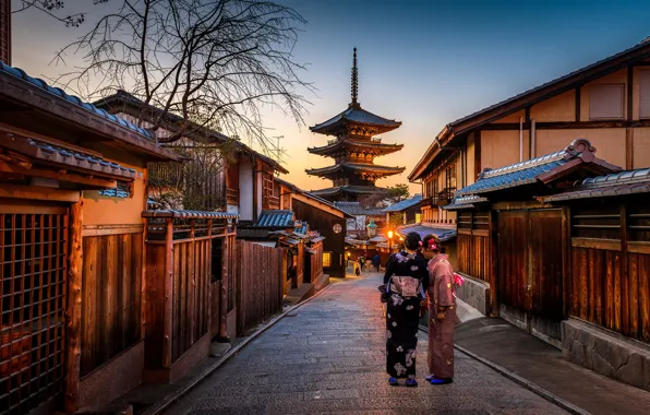 Picture city, lights, Japan, twilight, Kyoto, sunset, evening, street