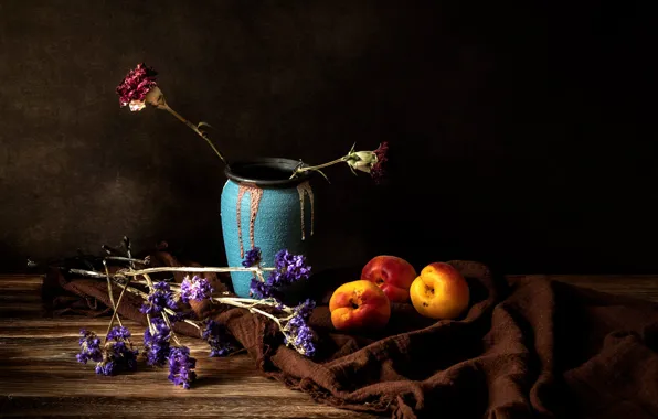 Picture flowers, the dark background, table, bouquet, dry, fabric, pot, vase