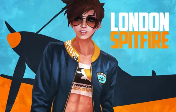 The plane, glasses, jacket, art, Overwatch, tracer, lena oxton