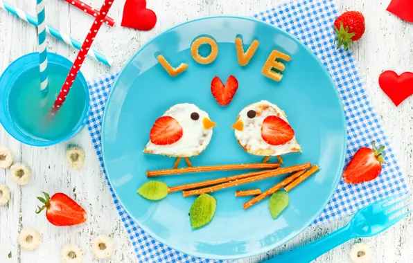 Breakfast, strawberry, drink, decor, funny, breakfast, Valentines Day, sweet sticks