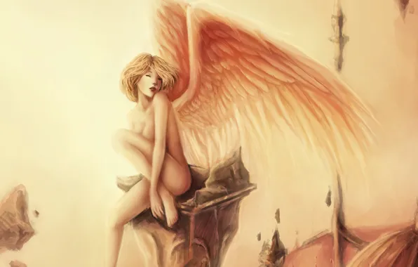 The wreckage, girl, wings, angel, roof, art, ruins, the dome