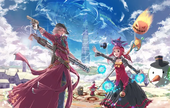 Picture the sky, weapons, the wind, magic, tower, home, head, anime