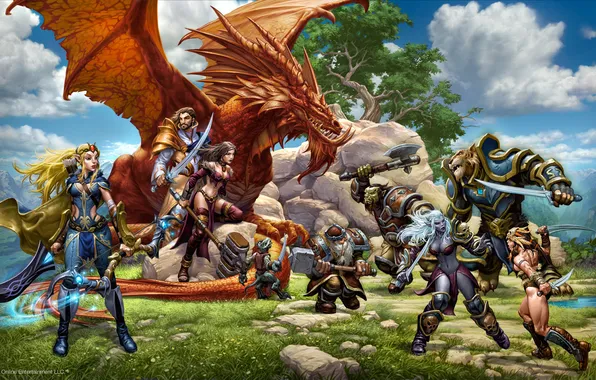 Picture fantasy, dragon, elf, the game, art, pers, heroes, dwarf