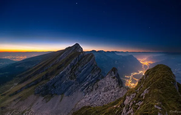 Mountains, lights, dawn, valley, twilight, panorama