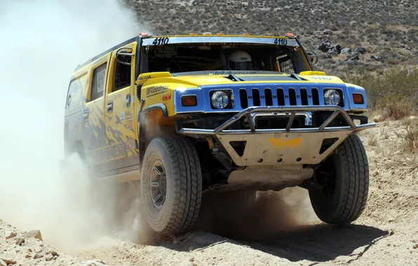 Picture yellow, dust, hammer, SUV, hummer, race truck