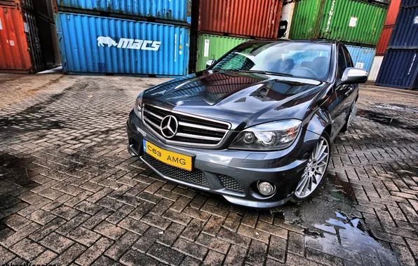 Machine, reflection, hdr, puddles, amg, containers, c63, mercedes c63 amg