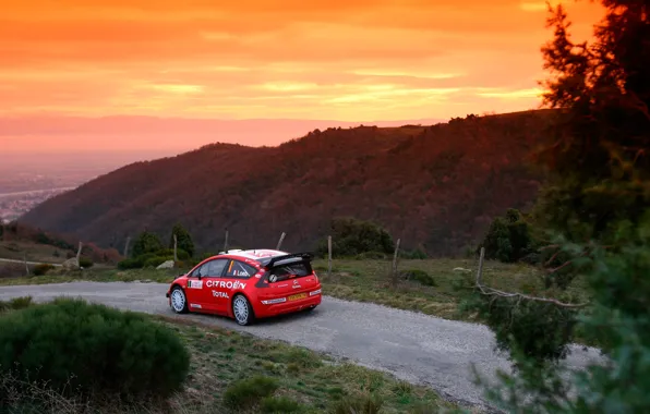 Picture Sunset, The sky, Red, Hills, Citroen, WRC, Rally, Rally