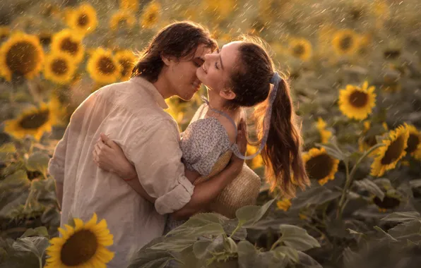 Field, summer, girl, happiness, sunflowers, flowers, nature, rain