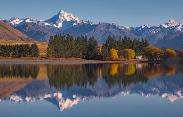 Autumn, forest, the sky, snow, mountains, lake, reflection, shore