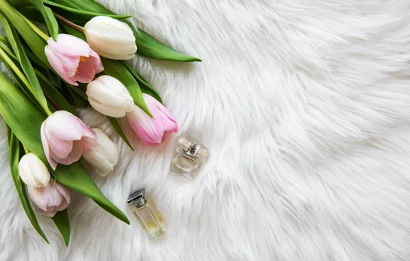 Perfume, tulips, fur, bottles, Olena Rudo