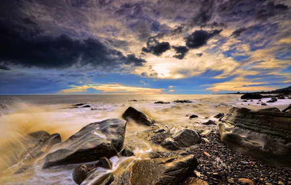 Sea, wave, clouds, sunset, squirt, stones, shore