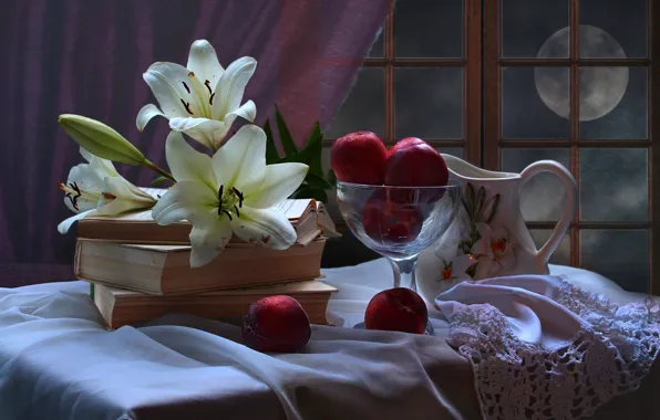 Flowers, night, the moon, Lily, books, texture, pitcher, still life