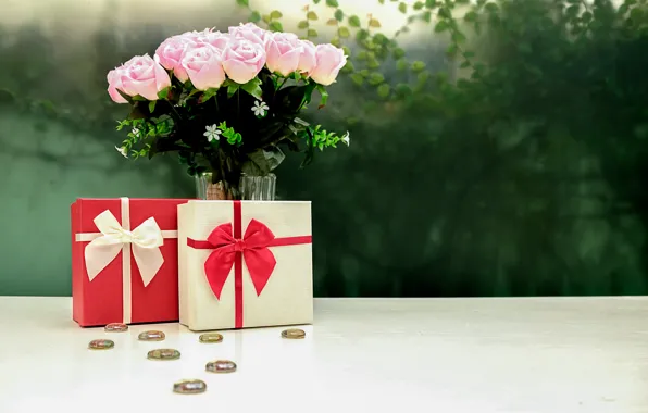Gift, holiday, flowers, roses, bouquet