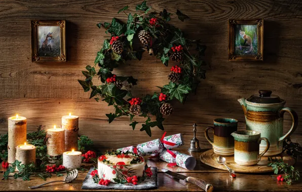 Picture style, berries, candles, Christmas, cake, mugs, still life, wreath