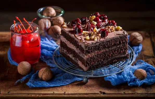 Cherry, cake, nuts, cream, sweet, chocolate