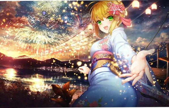 Picture girl, smile, holiday, salute, yukata, festival, the saber, Fate stay night