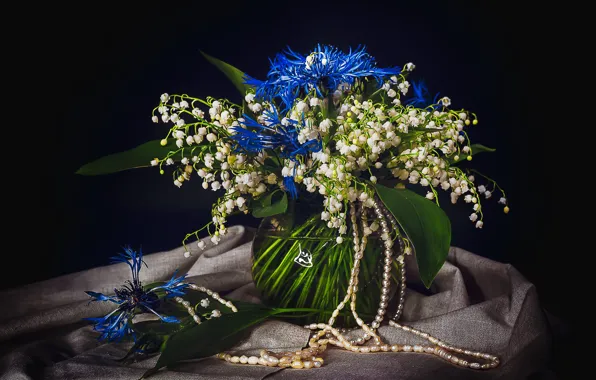 Flowers, bouquet, beads, vase, lilies of the valley, cornflowers