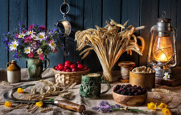 Picture flowers, style, berries, mug, lantern, ears, still life, hammer