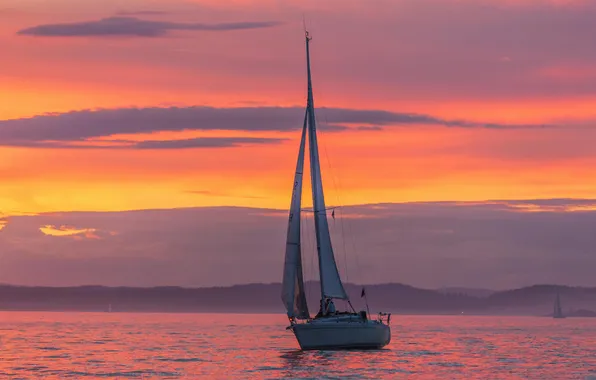 Sea, sunset, coast, the evening, yacht, sails