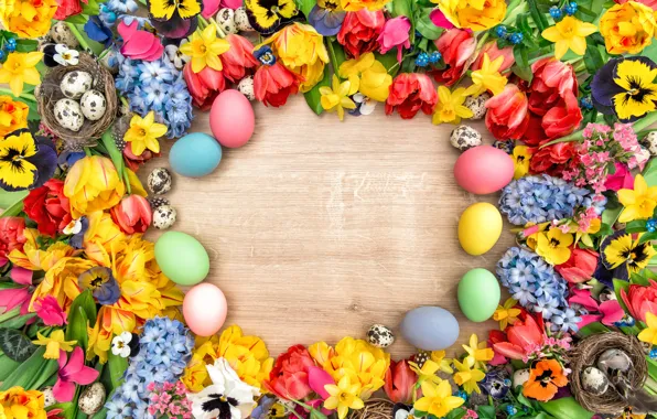 Picture flowers, spring, colorful, Easter, tulips, happy, wood, flowers